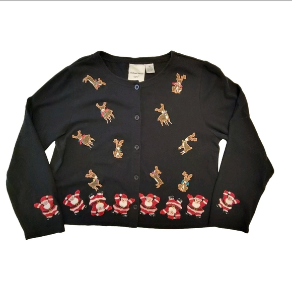 Ugly Christmas Cardigan Michael Simon Med Reindeer Santa Bead Embroider Sweater - Picture 1 of 16